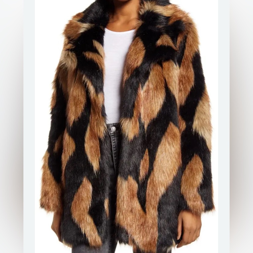 7 For All Mankind Black and Brown Chevron Faux Fur Coat